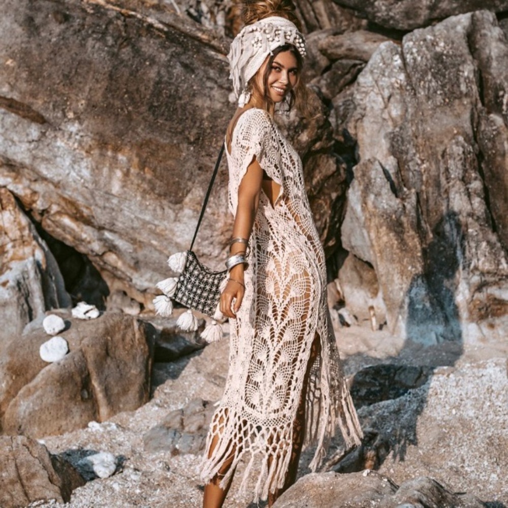 Myko Hand Crochet Kaftan Maxi Tunic Dress Pullover